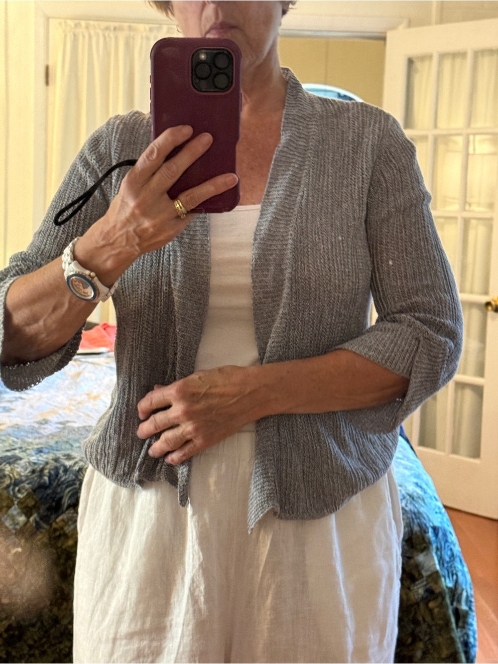 Eileen Fisher Light Gray Open-Front Knit Cardigan